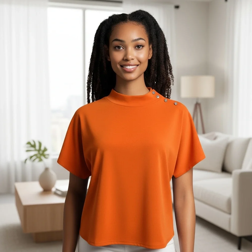 Melloday Button-Detail Mock Neck Top - Picture 2 of 8